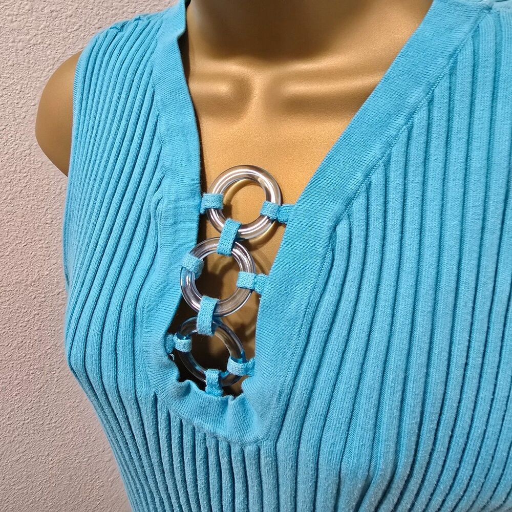 Knit V Neck Fitted Blue Sleeveless Sweater Womens Sz XL Y2K Ribbed Office Career